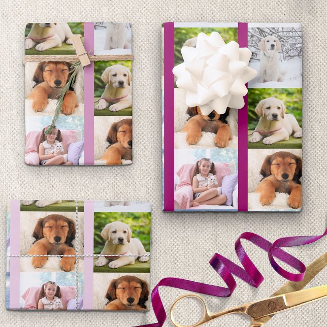 Create your Own 6 Photo Collage Pink Set of 3 Wrapping Paper Sheet (Creator Uploaded)