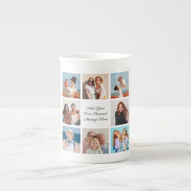 Create Your Own 8 Photo Collage Add Your Greeting Bone China Mug (Front)