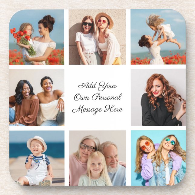 Create Your Own 8 Photo Collage Add Your Greeting Coaster (Front)