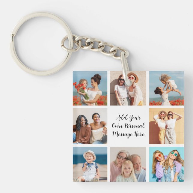 Create Your Own 8 Photo Collage Add Your Greeting Key Ring (Front)
