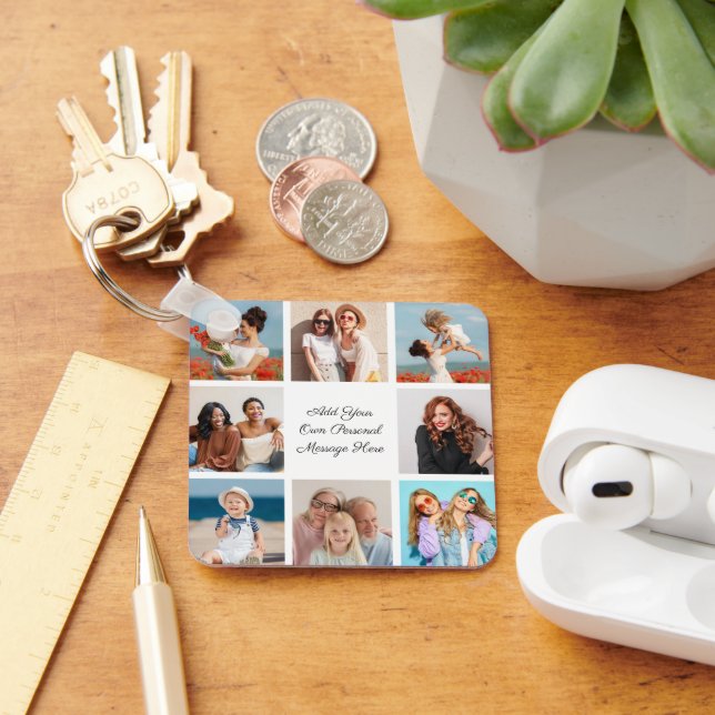 Create Your Own 8 Photo Collage Add Your Greeting Key Ring (Desk)