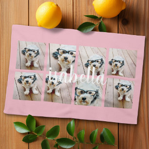Create Your Own 8 Photo Collage Custom Name Pink Tea Towel