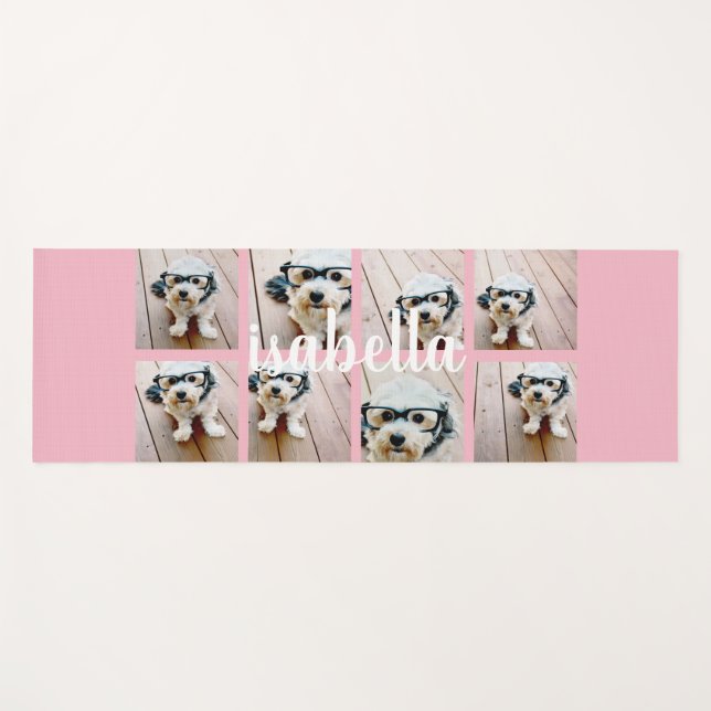 Create Your Own 8 Photo Collage Custom Name Pink Yoga Mat (Front (Horizontal))