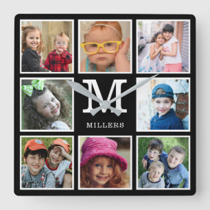 Create Your Own 8 Photo Collage Family Monogram Square Wall Clock