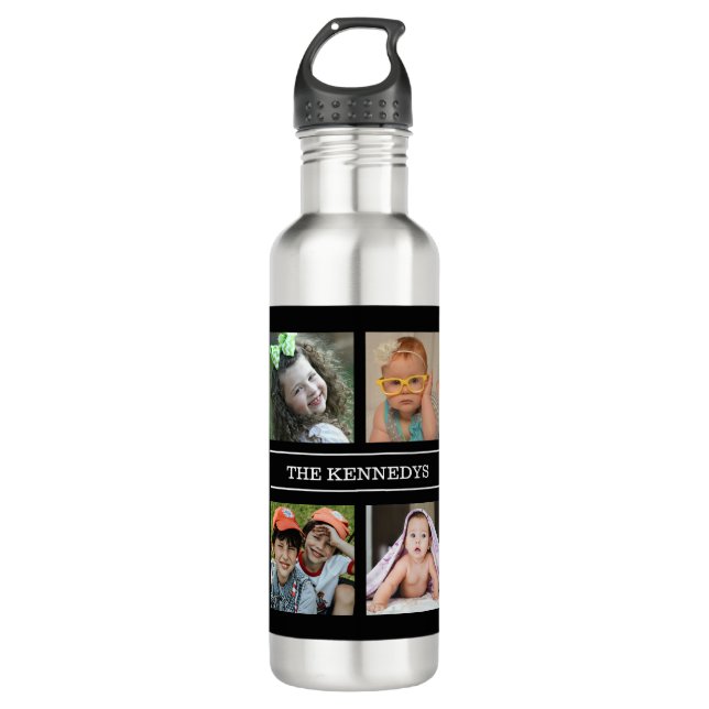 Create Your Own 8 Photo Collage Family Name Black 710 Ml Water Bottle (Front)