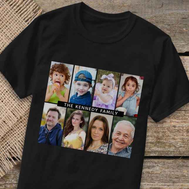 Create Your Own 8 Photo Collage Family Name  Black T-Shirt (Creator Uploaded)