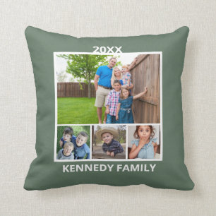 Create Your Own 8 Photo Collage Family Name Green Cushion
