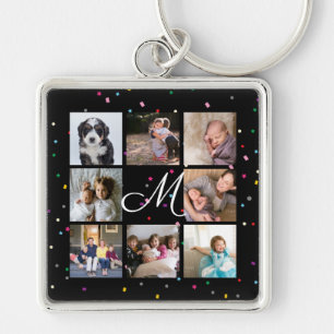 Create Your Own 8 Photo Collage Monogram Black Key Ring
