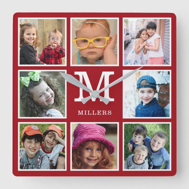 Create Your Own 8 Photo Collage Monogram Red   Square Wall Clock (Front)