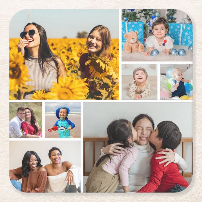 Create Your Own 8 Photo Collage Square Paper Coaster (Front)