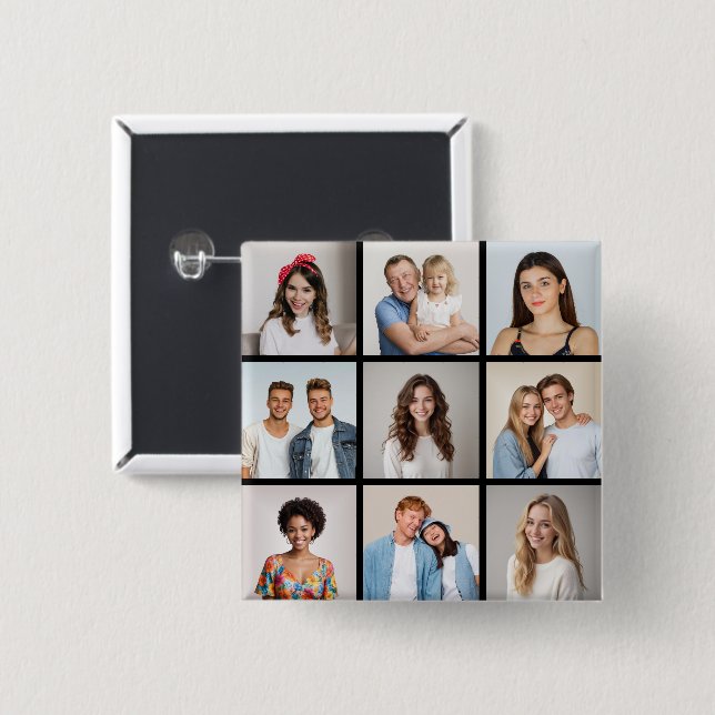 Create Your Own 9 Photo Collage 15 Cm Square Badge (Front & Back)