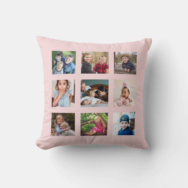 Create Your Own 9 Photo Collage Blush Pink Cushion (Front)