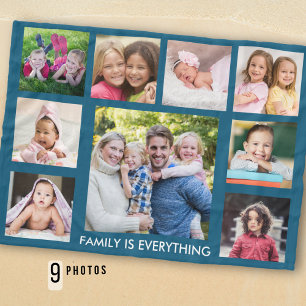 Create Your Own 9 Photo Collage Family Quote Blue Fleece Blanket