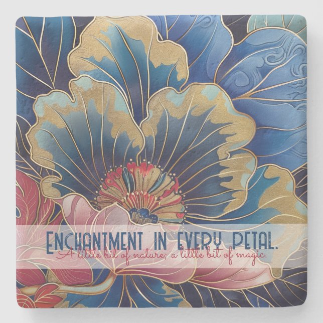 Create Your Own Abstract Gilded Pink Blue Flower Stone Coaster (Front)
