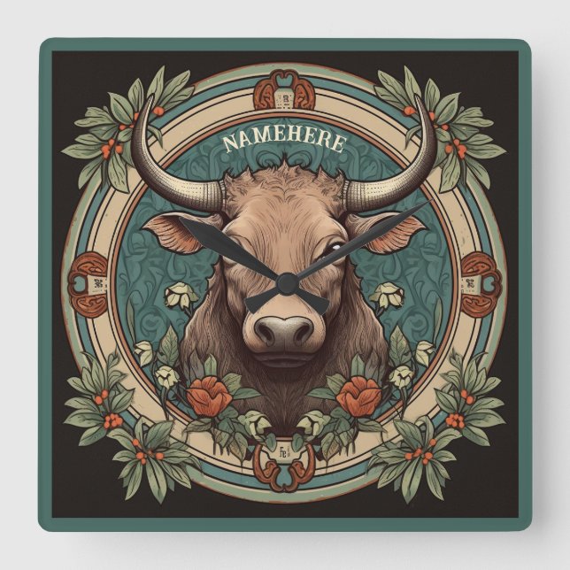 Create Your Own Art Nouveau Taurus Zodiac Square Wall Clock (Front)