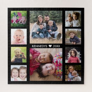 Create Your Own Black 10 Photo Collage Family Name Jigsaw Puzzle