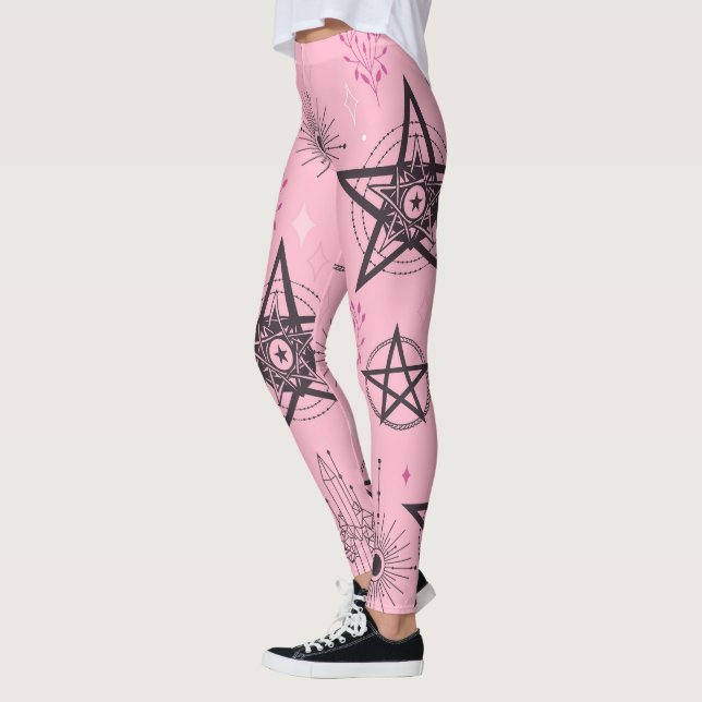 Create Your Own Black Pentacles Pink Crystals Leggings (Left)