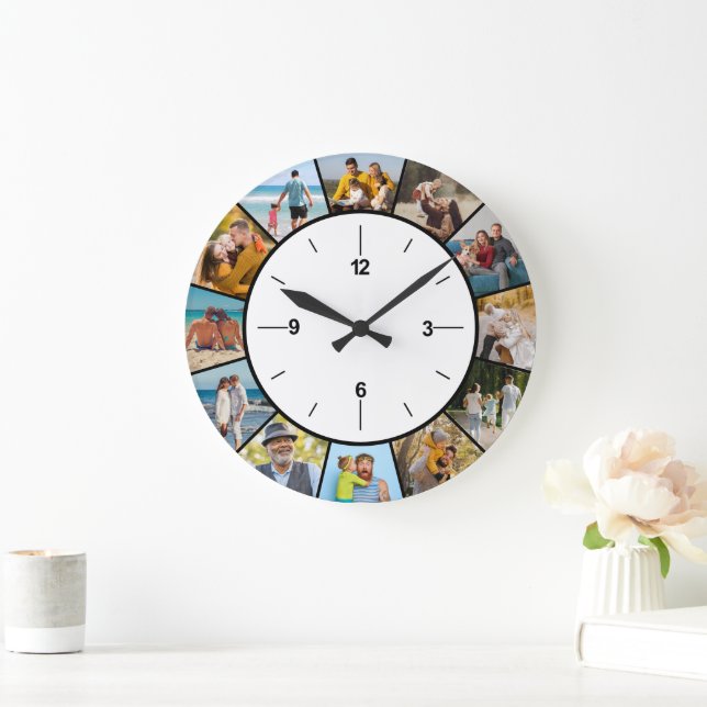 Create Your Own Black & White 12 Photo Collage  Large Clock (Home)