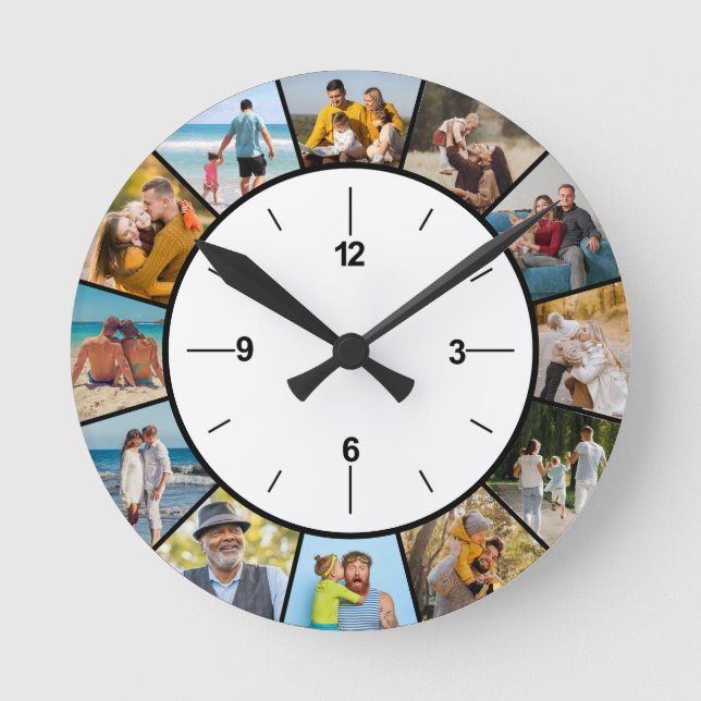 Create Your Own Black & White 12 Photo Collage  Round Clock (Front)