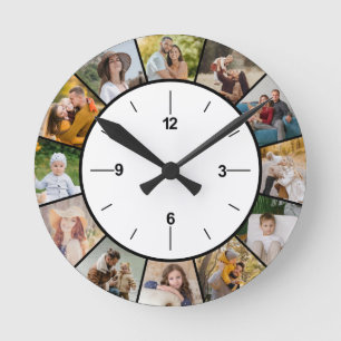 Create Your Own Black & White 12 Photo Collage Round Clock