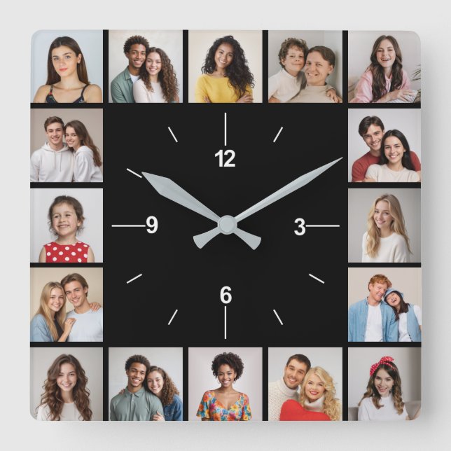 Create Your Own Black & White 16 Photo Collage Square Wall Clock (Front)
