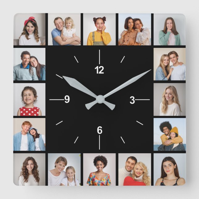 Create Your Own Black & White 16 Photo Collage Square Wall Clock (Front)