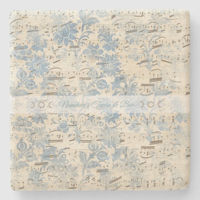 Create Your Own Blue Brocade Sheet Music Stone Coaster (Front)