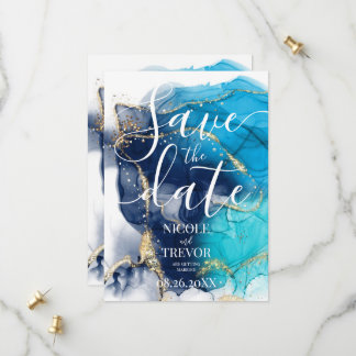 Create Your Own Blue Gold Alcohol Ink Wedding Save The Date