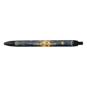 Create Your Own Blue Gold Celestial Moon & Stars Black Ink Pen