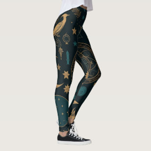 Create Your Own Blue Gold Lunar Symbols Black Leggings
