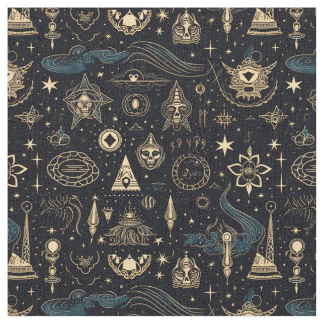 Create Your Own Blue & Gold Pagan Symbols Black Fabric (Close Up)