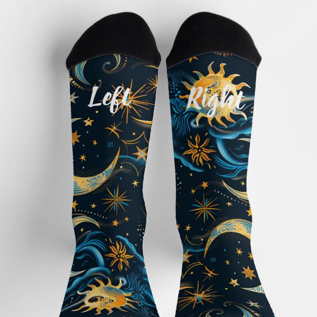 Create Your Own Blue & Gold Sun Moon & Stars  Socks (Top)