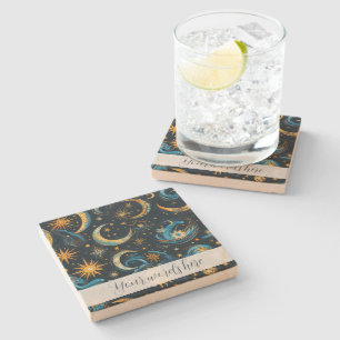 Create Your Own Blue & Gold Sun Moon & Stars Stone Coaster