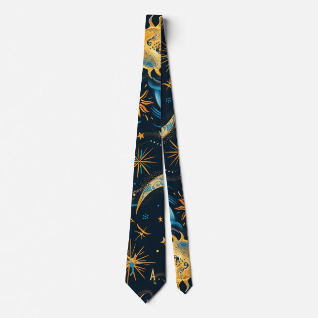 Create Your Own Blue & Gold Sun Moon & Stars  Tie (Front)