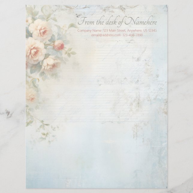 Create Your Own Blue Shabby Chic Peach Roses Custom Letterhead (Front)