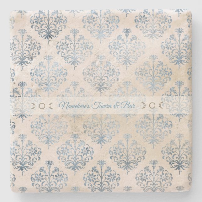 Create Your Own Blue Tea Stained Damask Stone Coaster (Front)