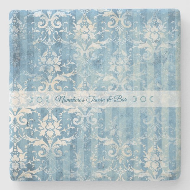 Create Your Own Blue Teal Damask Stripes Stone Coaster (Front)