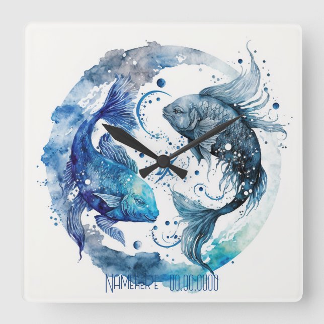 Create Your Own Blue & Teal Pisces Zodiac Square Wall Clock (Front)