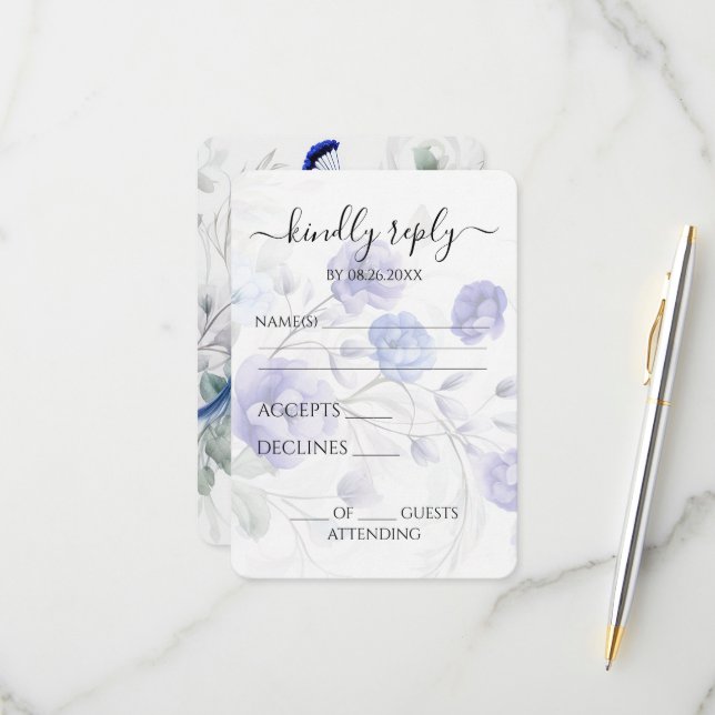 Create Your Own Blue Watercolor Peacock & Flowers RSVP Card (Front/Back In Situ)