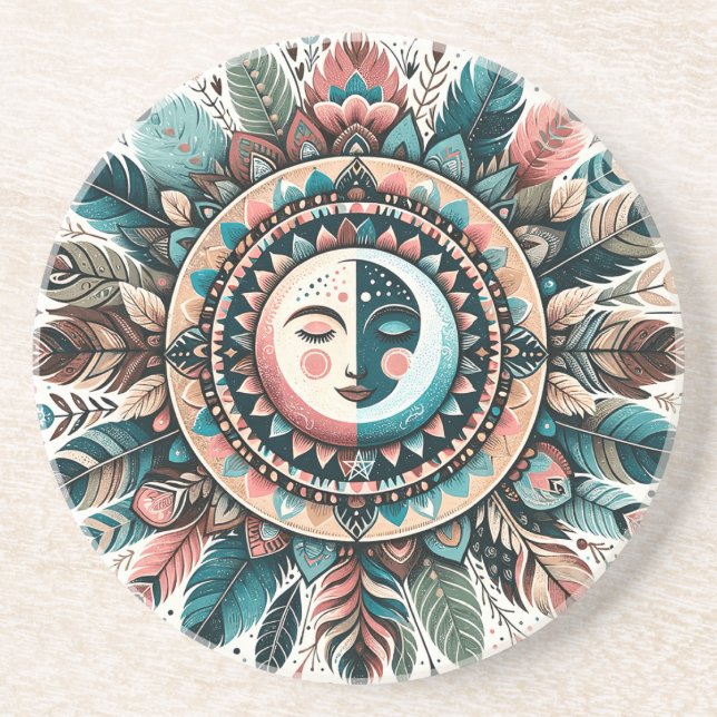 Create Your Own Boho Celestial Sun Moon Mandala Coaster (Front)