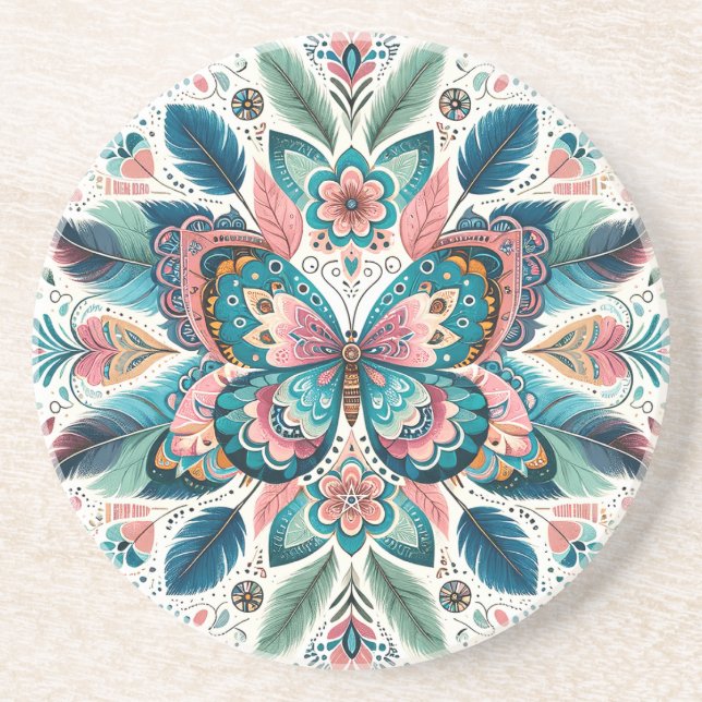 Create Your Own Boho Totemic Butterfly Mandala Coaster (Front)