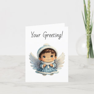 Create Your Own Brunette Boy Blue Angel Christmas Holiday Card