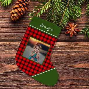 Create your own buffalo plaid photo monogrammed small christmas stocking