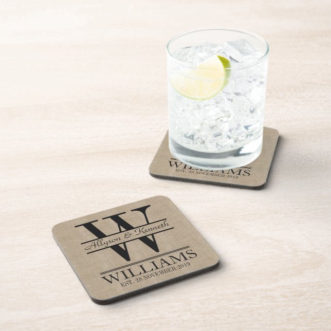 Create Your Own Burlap Logo Anniversary Monogram Coaster (Right Side)