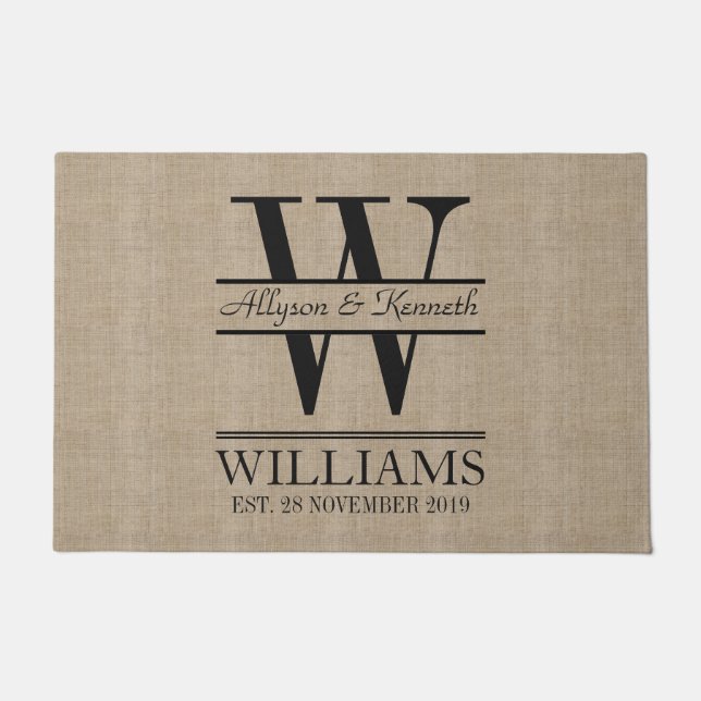 Create Your Own Burlap Logo Anniversary Monogram Doormat (Front)