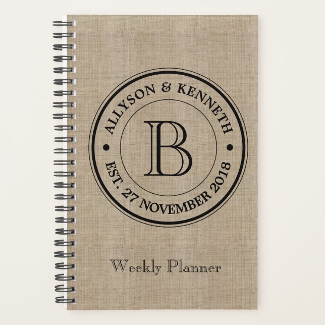 Create Your Own Burlap Logo Anniversary Monogram Planner (Front)