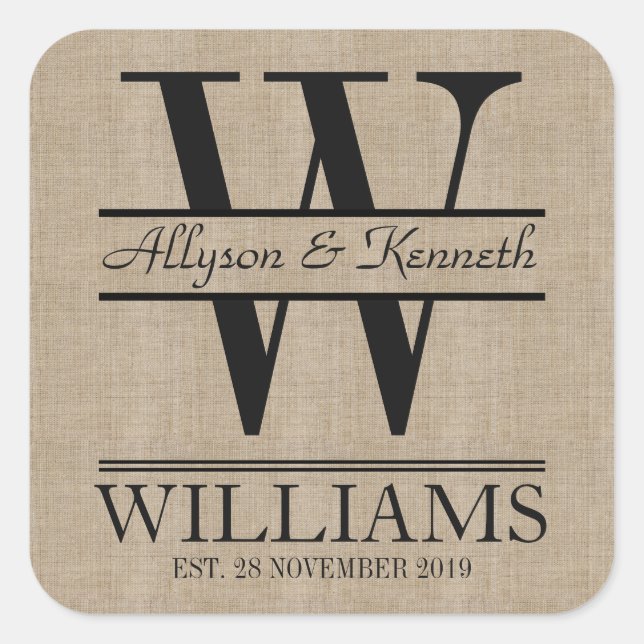 Create Your Own Burlap Logo Anniversary Monogram Square Sticker (Front)