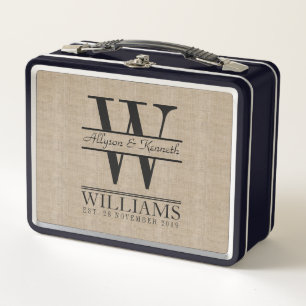 Create Your Own Burlap Retro Logo Monogram Metal Lunch Box