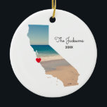 Create Your Own California Vacation Photo Ceramic Tree Decoration<br><div class="desc">Add a photo over the top of the map shape of the state of California. My sample photo was taken during a road trip to the aquarium and beach near Monterey Bay. You can change the heart colour, move it, or delete that text symbol. You can also add a photo...</div>