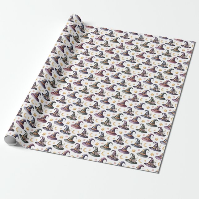 Create Your Own Celestial Patched Witch Hat Floral Wrapping Paper (Unrolled)
